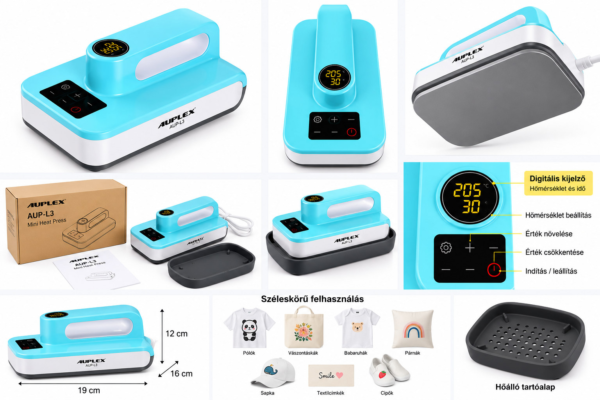 Auplex digitális mini hőprés – 12 × 19 cm - 2. kép